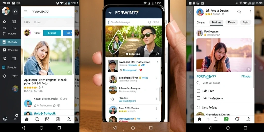 Tampilan antarmuka pengguna FORWIN77 dengan fungsi filter Instagram yang mudah digunakan.