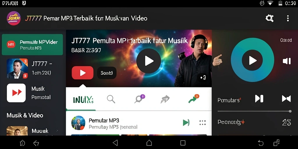 Antarmuka menarik dari aplikasi Pemutar MP3 JT777 dengan fitur lirik.