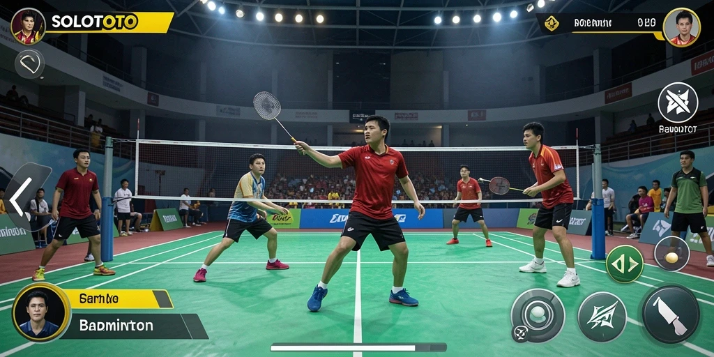 Antarmuka game Badminton SOLOTOTO yang atraktif dan interaktif.